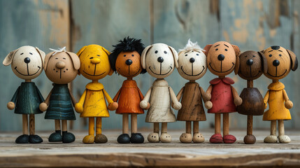 group of multicolor painted cute wooden puppet dogs, concept of Belonging Inclusion Diversity Equity DEIB, 
