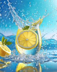 lemon fresh splash in water on blue background