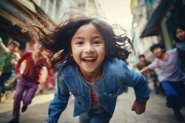 happy asian child girl running on the background of a crowd of people - obrazy, fototapety, plakaty