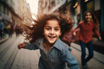happy indian child girl running on the background of a crowd of people