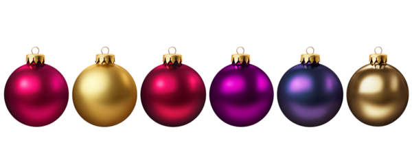 Exquisite colorful Christmas decorative balls isolated on transparent background, gold, red, green, purple glittery Holiday XMAS decoration, Hand drawn patterned balls, PNG

