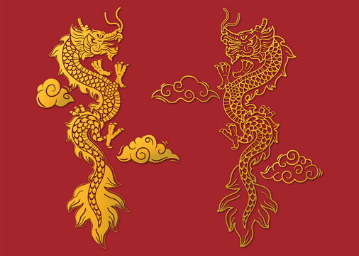Chinese dragon gold zodiac sign on red background
