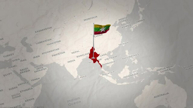 Aerial Views of Myanmar's Flag Above the Map.
myanmar Map.
