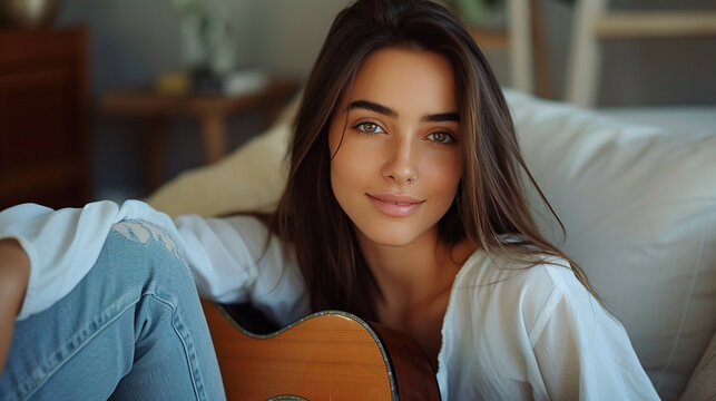 A beautiful brunette with a straight hair, wearing a white shirt and a pair of jeans, sitting on a couch and holding a guitar, looking at the camera with a musical smile. 