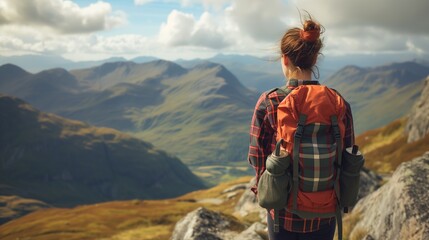 A female hiker with a backpack gazes at a breathtaking mountain landscape, embodying adventure and exploration.