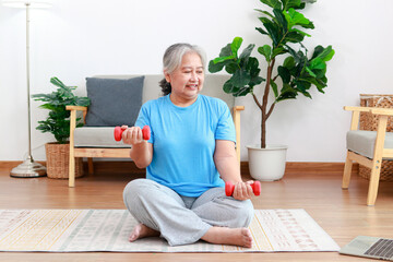 Senior woman exercising at home watching video follow trainer online on laptop computer. Sport...
