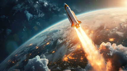 Space rocket propulsion leaving Earth's gravity, view of global network connections of planet Earth from space. Ai generated.