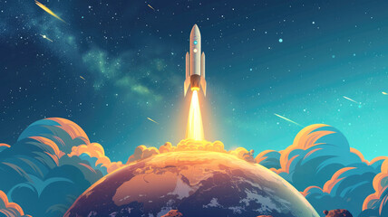 Naklejka premium Drawing, illustration, painting, of space rocket rising above planet Earth, overcoming earth's gravity. Ai generated