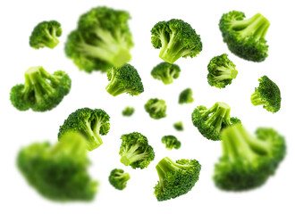 Falling broccoli isolated on a transparent background, from different angles.