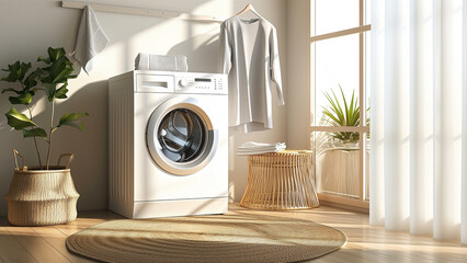 Laundry room, washing machine and clothes, towel, basket. Interior decoration, cozy, minimal with sunlight