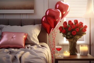 The interior of a beautiful bedroom with a bouquet of roses, candles, balloons, decor for Valentine's Day. A romantic date.  