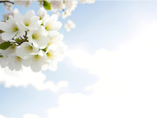 Cherry Blooms Creating a Serene Contrast Against a White-Blue Cloud Background.