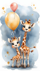 Ink wash painting, an adorable baby giraffes, being lifted towards the sky by holding a balloon, illustration for kid's room