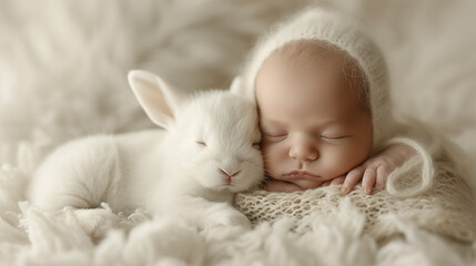 Cute newborn baby with bunny on soft blanket, closeup
