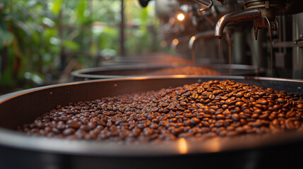Fresh coffee roasting factory. Stainless steel tank for roasting fresh coffee. industry - obrazy, fototapety, plakaty