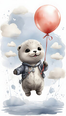 Ink wash painting, an adorable baby seal, being lifted towards the sky by holding a balloon, illustration for kid's room