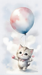 Ink wash painting, an adorable baby kitten, being lifted towards the sky by holding a balloon, illustration for kid's room