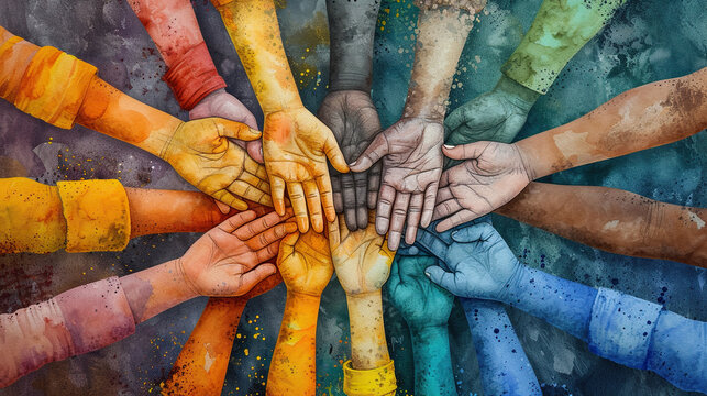 concept of Belonging Inclusion Diversity Equity DEIB, group of multicolor vibrant hands of different people, showing love bond between different skin colored people