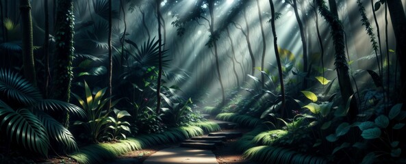 a path, a road in the forest, sunlight breaking through the trees, cinematic scene in jungle, for design, background, banner, card