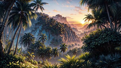 Sunset on the horizon in a tropical palm forest, mountain landscape, with cope space, for card, banner, poster, flyer