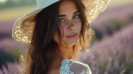 A gorgeous brunette with a flawless complexion, wearing a white lace dress and a sun hat, standing in a lavender field and looking at the camera with a gentle smile. 