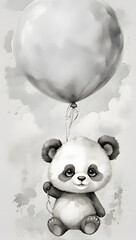 Ink wash painting, an adorable baby panda, being lifted towards the sky by holding a balloon, illustration for kid's room