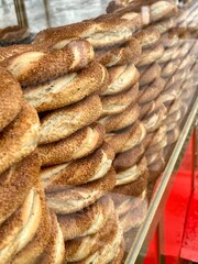 Stacks of Turkish simit, sesame bread rings, Istanbul, Turkey