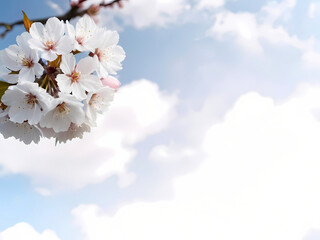 Fototapeta premium Cherry Blooms Creating a Serene Contrast Against a White-Blue Cloud Background.