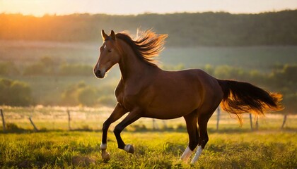 Beautiful horse running on green meadow. Wild animal.