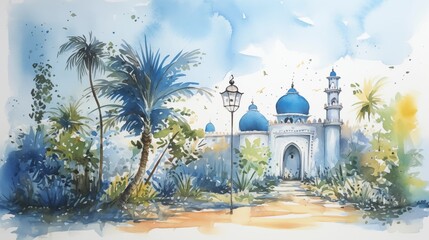 Watercolor line and wash mosque with lantern. Ramadan kareem and eid fitr concept for poster and greeting card