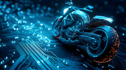 An electronic motorcycle is depicted, surrounded by blue and orange lights. The motorcycle is on...