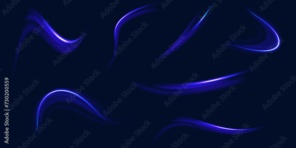 Poster Big set of neon speeds in the form of a road of different light colors. Rotating dynamic neon circle. Colored shiny sparks of spiral wave. Expressway, the effect of car headlights