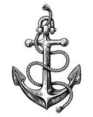 Sketch of ship nautical anchor with rope. Hand drawn vintage illustration engraving style
