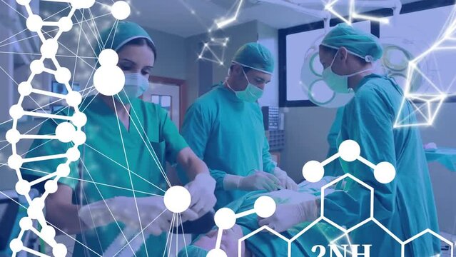 Animation of dna and networks over diverse surgeons and patient in operating theatre