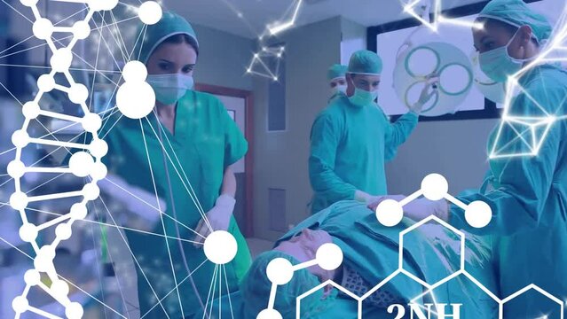 Animation of dna and networks over diverse surgeons and patient in operating theatre