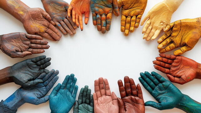 concept of Belonging Inclusion Diversity Equity DEIB, group of multicolor painted hands of people of different skin and cultures , showing unity

