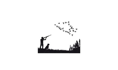 bird and dog silhouette, sea and grass vector,