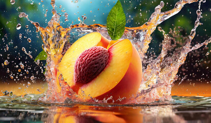 peach fruit in water fresh splash in water on blue background