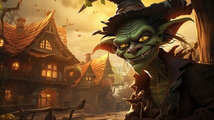 goblin in the fairytale village as illustration cartoon - obrazy, fototapety, plakaty