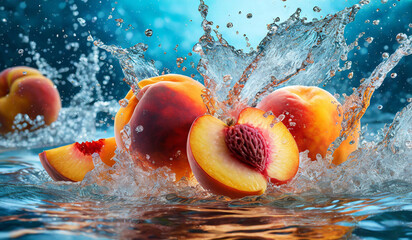 peach fruit in water fresh splash in water on blue background