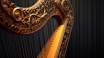 Detail to harp instrument isolated on dark black background