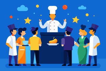 A cooking competition with chefs eagerly presenting their dishes to a panel of judges as onlookers admire and take photos.