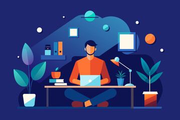 A figure sitting at a desk surrounded by an array of gadgets and screens symbolizing the fastpaced nature of social media and content creation. - obrazy, fototapety, plakaty