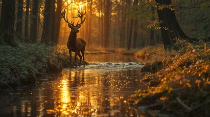 Dawn's Reflection: Stag by the Forest Creek - obrazy, fototapety, plakaty