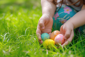 Close up of children's hands looking for colored eggs in the grass. Happy Easter