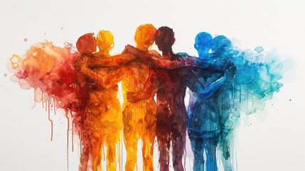 concept of Belonging Inclusion Diversity Equity DEIB, group of multicolor people hugging eachother , hand drawn painting style