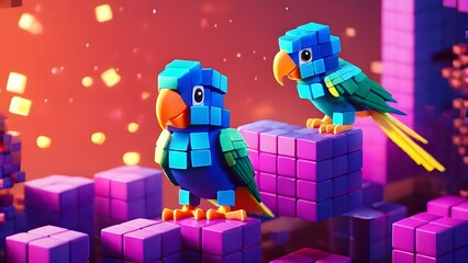 Voxel realistic cute parrot on neutral background made of 3D small cubes voxel illustration. Minecraft style. Illustrating 3d animation and vfx studios