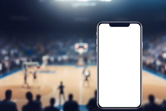 Basketball game on field and smartphone with mockup white screen. Online betting on sport via app template. Gambling service for fans