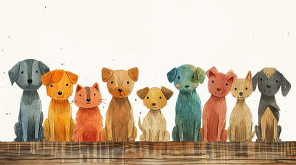 concept of Belonging Inclusion Diversity Equity DEIB, group of dogs or puppy, wooden puppets on white background - obrazy, fototapety, plakaty