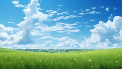 Green field on the horizon Panoramic green field landscape view. Blue mountains background and bright blue sky. Windows background, wallpaper - obrazy, fototapety, plakaty